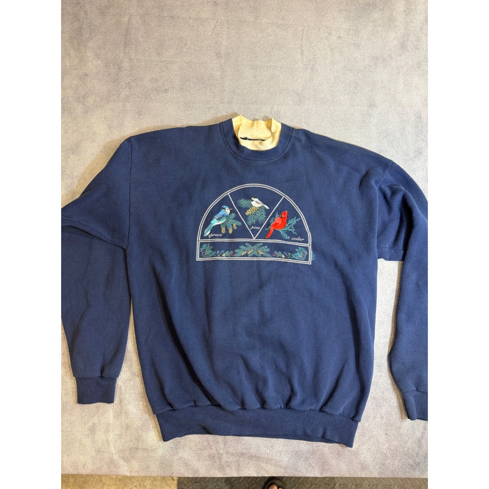 Vintage 1996 Artisans Embroidered Birds Sweatshirt Navy Blue XL Cardinal Jay